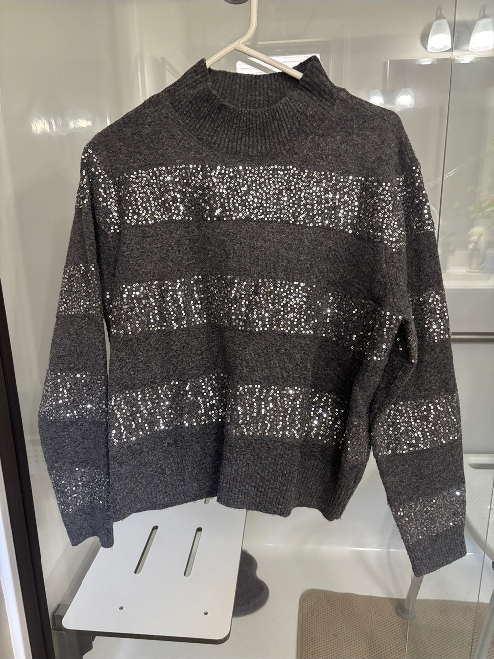 Charcoal Sequin Stripe Turtleneck Sweater